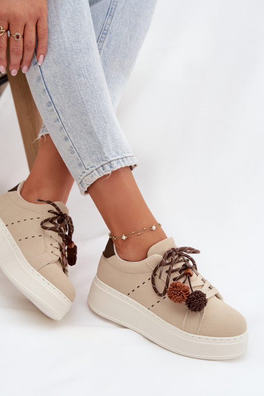 Sneakers Stilvollllschuhe Feminin mit einer Plattform Mit Dekorationeni Pomponami Beige Corinna