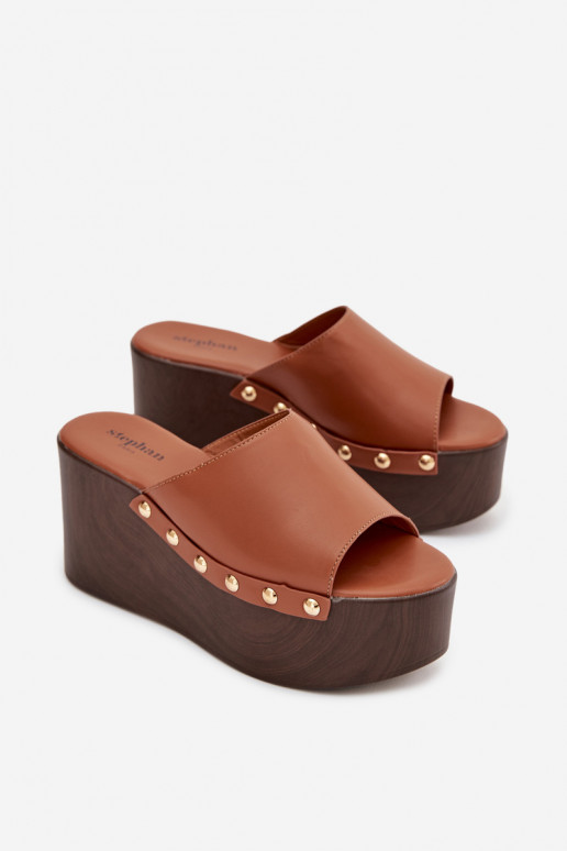 Damenhausschuhe Auf einem Keil mit Nieten braune Farbe Es mussreline