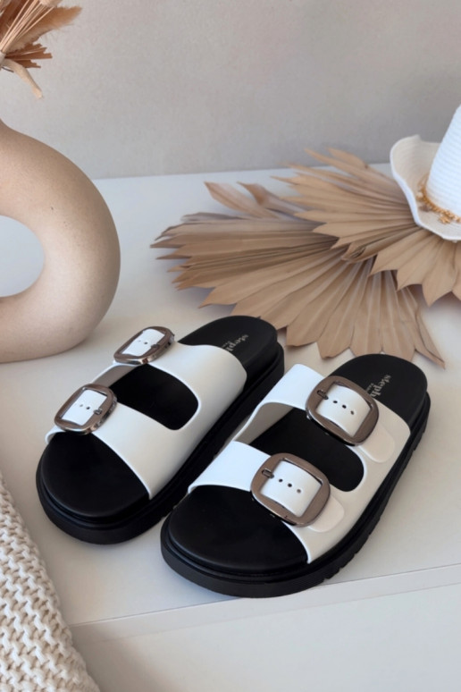 Weiße Damenhausschuhe Elamas mit Schnallen und Plateau