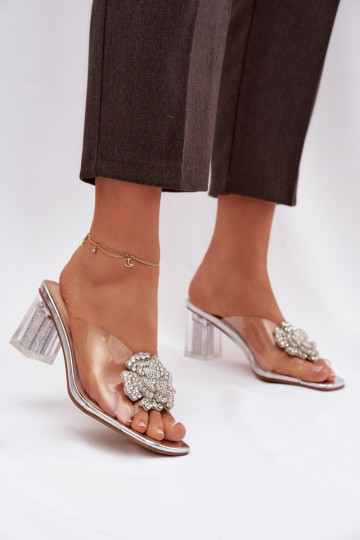 Mules argentées transparentes D&A MR1037-20 avec talons et ornements