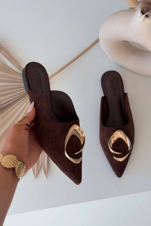 Dames chocoladekleurige "Mule" slippers met luxe gouden details Galvella