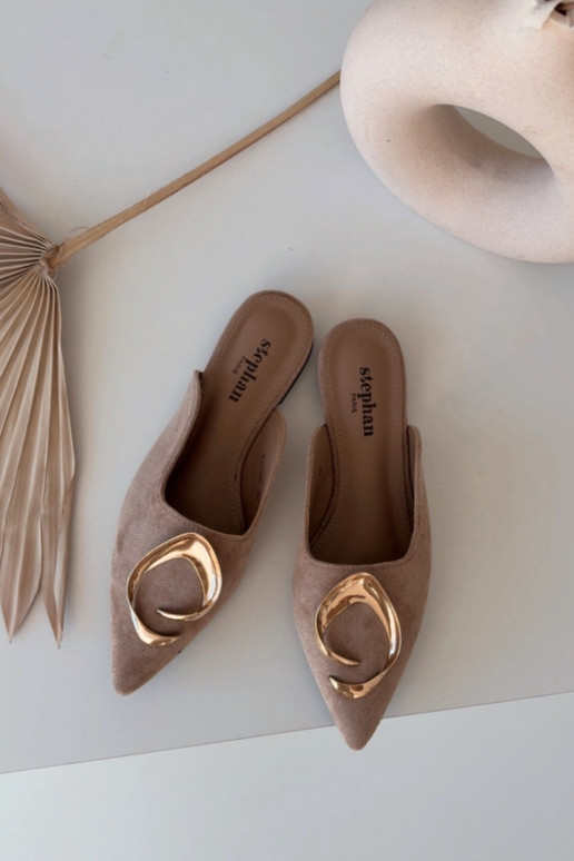 Dames zandkleurige "Mule" slippers met luxe gouden details Galvella