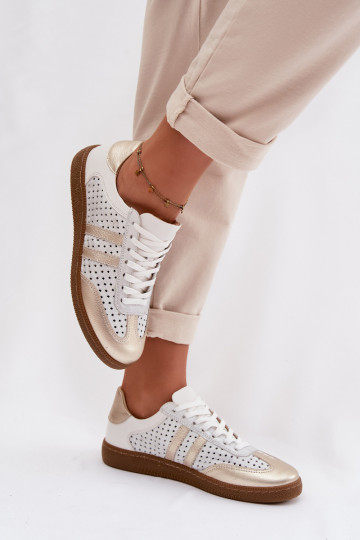 Zazoo N1318 kunstlederen sportschoenen met perforaties voor dames in grijs-goud