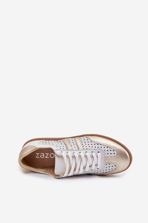 Peau avec des éléments ajourés Chaussures modèle baskets Féminin Zazoo N1318 gris-couleur dorée