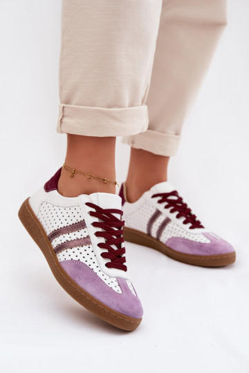 Peau avec des éléments ajourés Chaussures modèle baskets Féminin Zazoo N1318 Blanc-Couleur violette 2