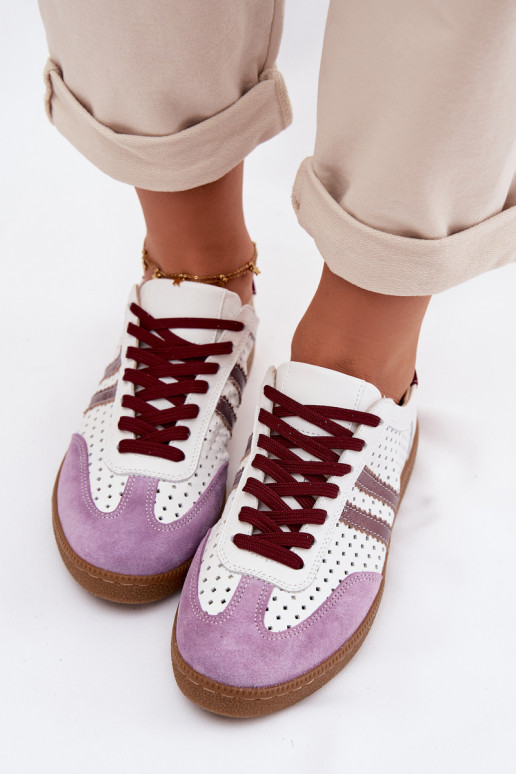 Peau avec des éléments ajourés Chaussures modèle baskets Féminin Zazoo N1318 Blanc-Couleur violette