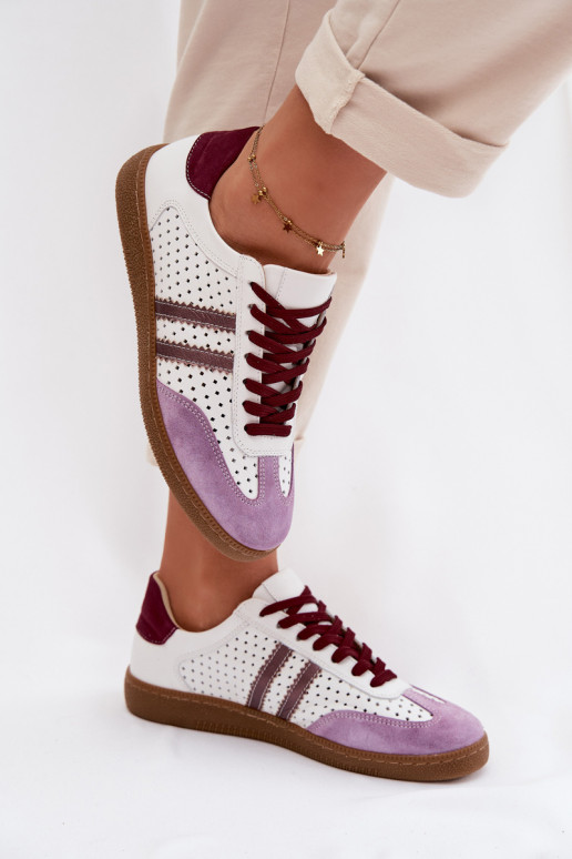Peau avec des éléments ajourés Chaussures modèle baskets Féminin Zazoo N1318 Blanc-Couleur violette