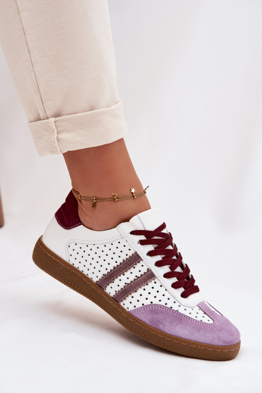 Peau avec des éléments ajourés Chaussures modèle baskets Féminin Zazoo N1318 Blanc-Couleur violette