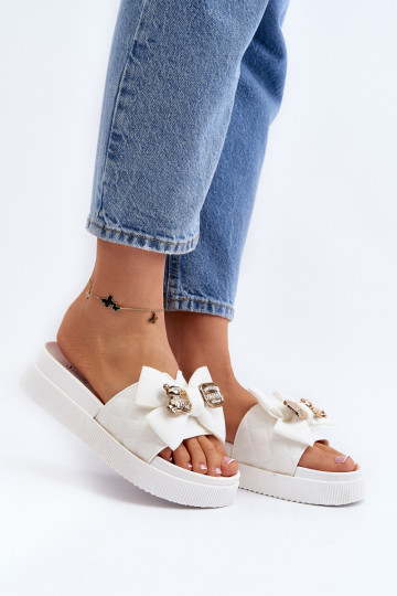 Katterina dames slippers met strikken en teddyberen wit 2