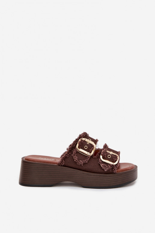 Damespantoffels met platform in goudkleur met chocoladebruine gespen