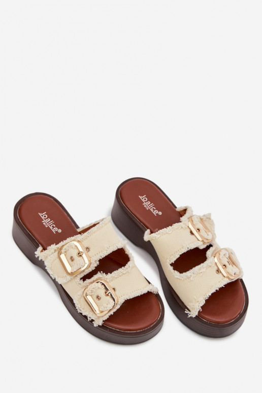 Damespantoffels met platform in goudkleur met ivoorkleurige gespen