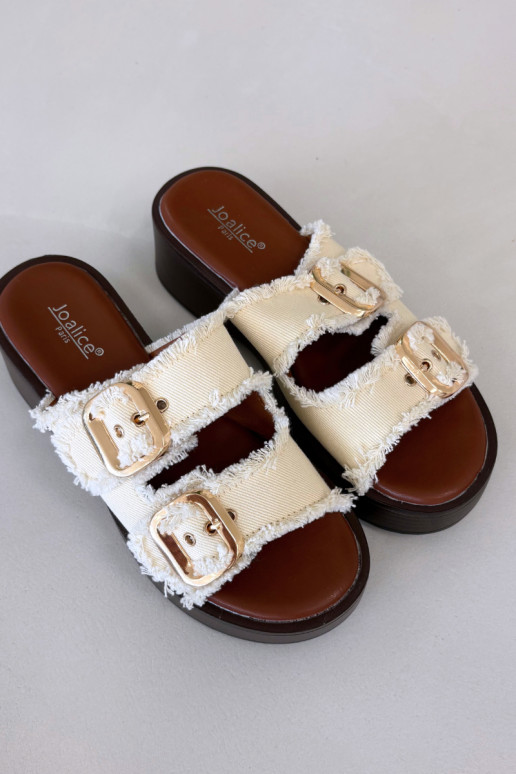 Damespantoffels met platform in goudkleur met ivoorkleurige gespen