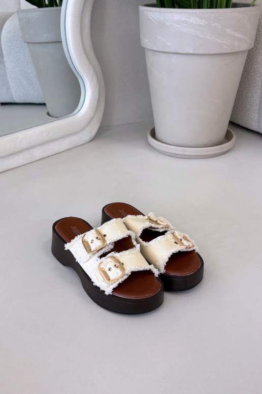 Damen-Pantoletten mit Plateau in Goldfarbe und Elfenbein-Schnallen