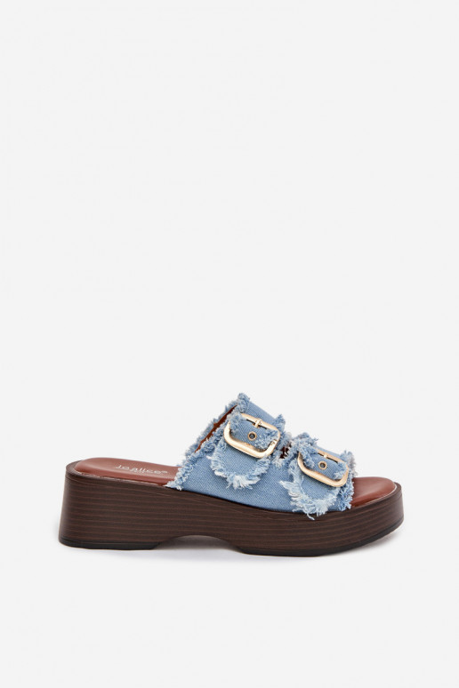 Damespantoffels met platform in goudkleur met blauwe gespen
