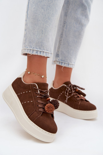 Chocolade Corinna dames platform sportschoenen met sierlijke pompons 2