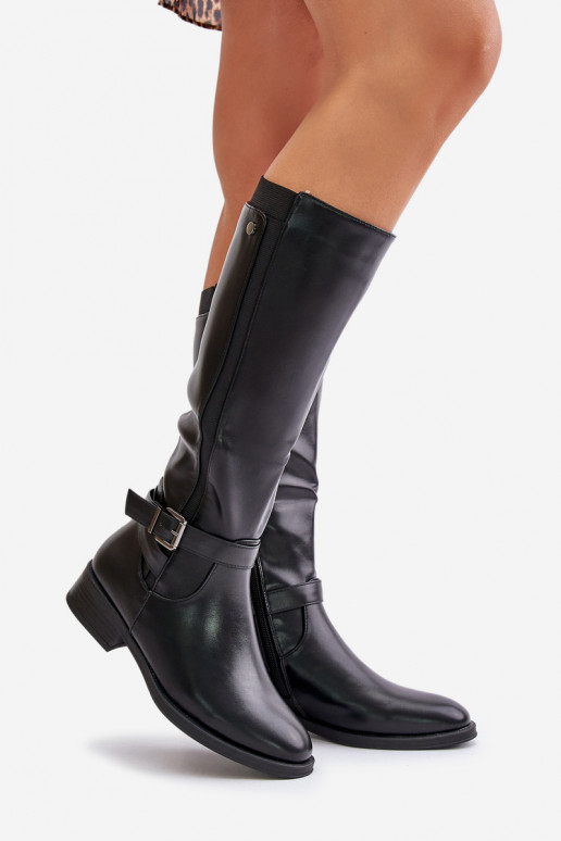 Féminin réchauffer bottes avec des talons larges avec boucles dorées couleur noire Arsisna