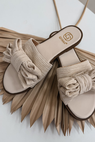 Damenhausschuhe mit breiten Absätzen mit Bändern Beige Amivelle