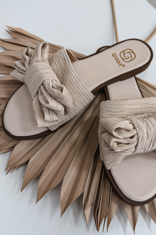 Damenhausschuhe mit breiten Absätzen mit Bändern Beige Amivelle