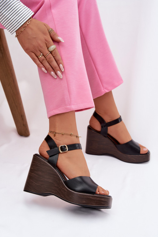 Damensandalen Auf einem Keil Eko Haut schZuarze Farbe Parilisse