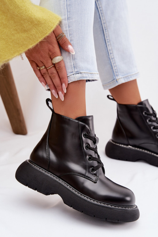 sich Zuarm laufen Damenstiefel mit einer Plattform mit Schnürsenkeln schZuarze Farbe Harmine