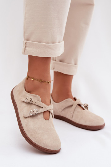 Lederwildlederschuhe für Damen "Barefoot" mit Riemen Zazoo N1271, elfenbeinfarbig