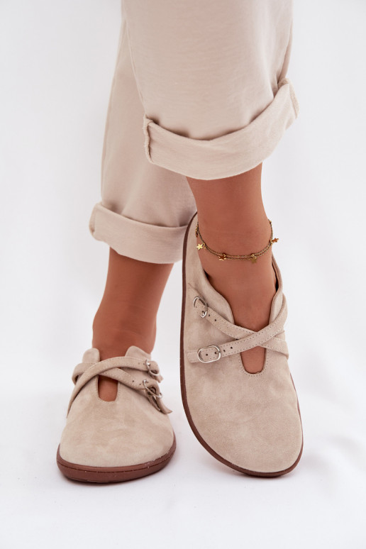 Peau en daim chaussures Barefoot Féminin avec des bandes Zazoo N1271 couleur ivoire