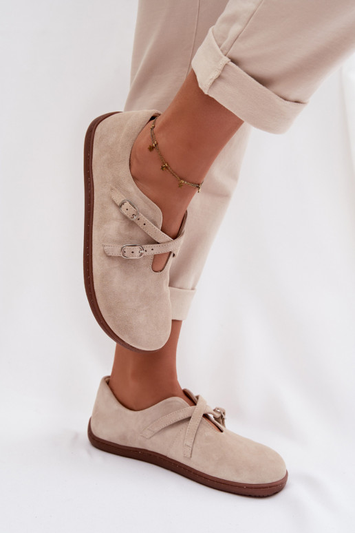 Peau en daim chaussures Barefoot Féminin avec des bandes Zazoo N1271 couleur ivoire