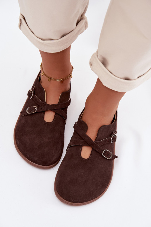 Peau en daim chaussures Barefoot Féminin avec des bandes Zazoo N1271 CzekoladoÀe