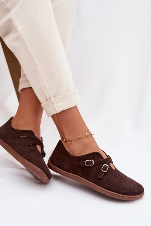 Peau en daim chaussures Barefoot Féminin avec des bandes Zazoo N1271 CzekoladoÀe