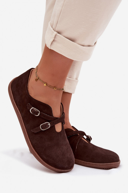 Peau en daim chaussures Barefoot Féminin avec des bandes Zazoo N1271 CzekoladoÀe