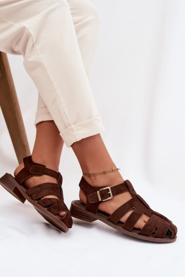 Dames sandalen met gouden gespen, chocolade kleur, Janessa