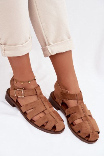 Dames sandalen met gouden gespen, bruine kleur, Janessa
