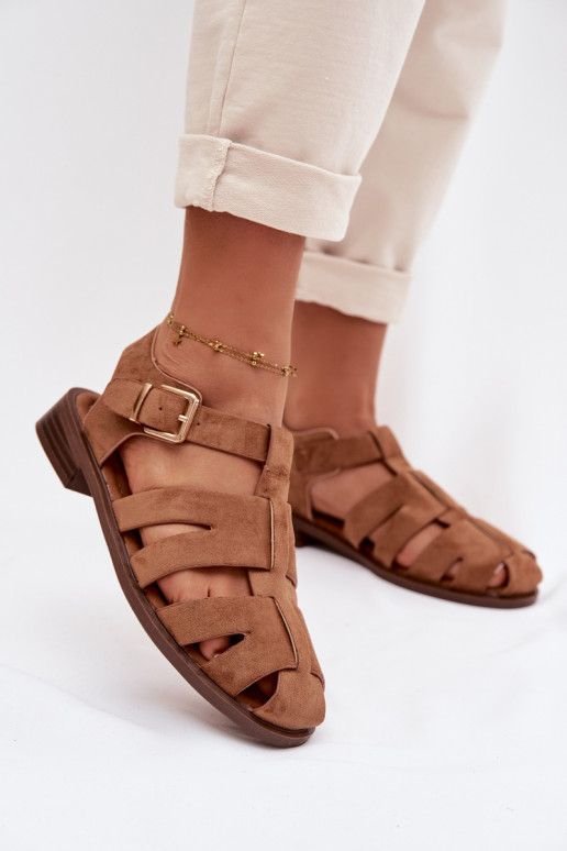 Dames sandalen Rzymianki met gouden gespen bruine kleur Janessa