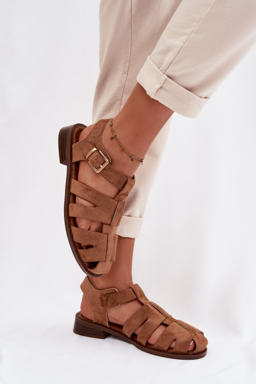 Damensandalen Rzymianki mit goldenen Schnallen braune Farbe Janessa