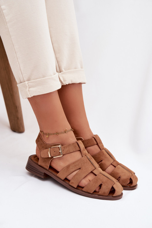 Damensandalen Rzymianki mit goldenen Schnallen braune Farbe Janessa