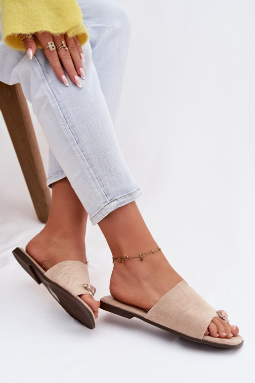 Slippers Dames plat Met sierlijk Detalem van eco-suèdeoIne beige Selavine