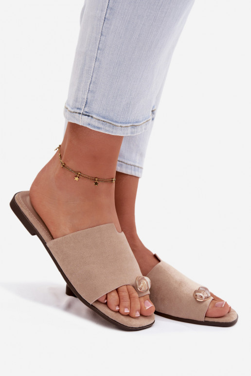 Slippers Dames plat Met sierlijk Detalem van eco-suèdeoIne beige Selavine