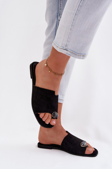 Damen flache Pantoletten mit dekorativen Details aus Kunstvelours, schwarz, Selavine
