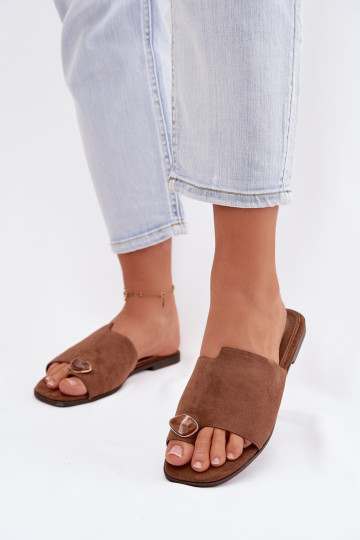 Slippers Dames plat Met sierlijk Detalem van eco-suèdeoIne bruine kleur Selavine