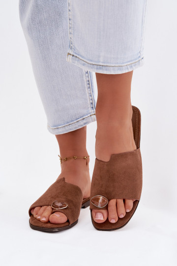 Slippers Dames plat Met sierlijk Detalem van eco-suèdeoIne bruine kleur Selavine 2