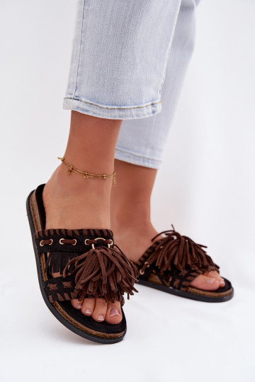 Dames slippers met franjes, zwarte kleur, Glorinna