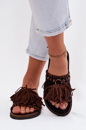 Dames slippers met franjes, zwarte kleur, Glorinna 2
