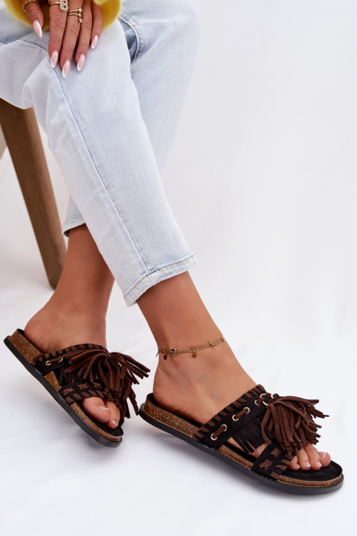 Damenhausschuhe mit Fransen schZuarze Farbe Glorinna