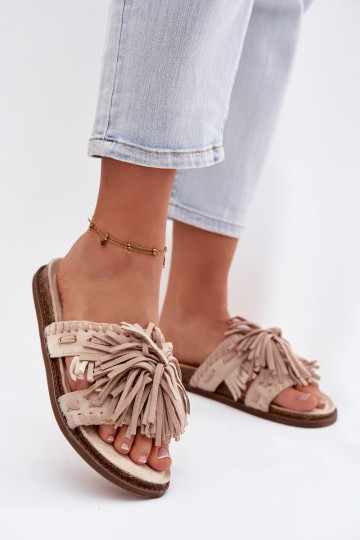Pantoufles pour femmes avec des franges beige Glorinna
