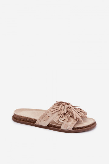 Pantoufles pour femmes avec des franges beige Glorinna 2
