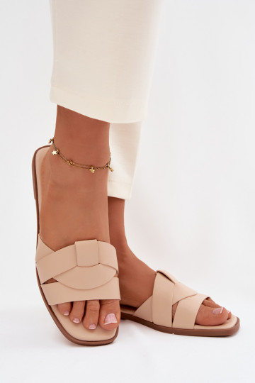 Dames sandkleurige platte pantoffels met bandjes Tai turirissae