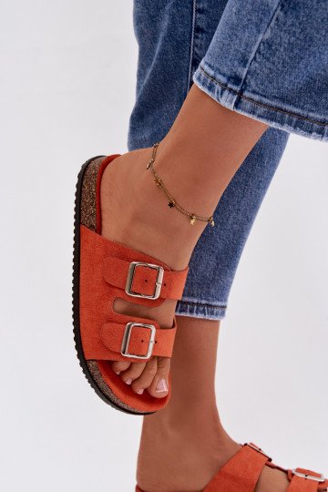 Oranje kleurige dames slippers Oliena met gespen 2
