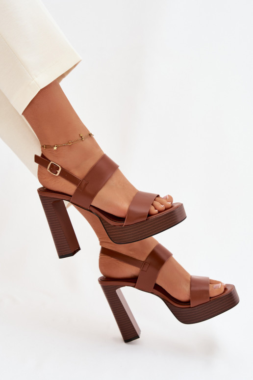 Damessandalen met hoge hakken en platform Eko Leer bruine kleur Hanelia