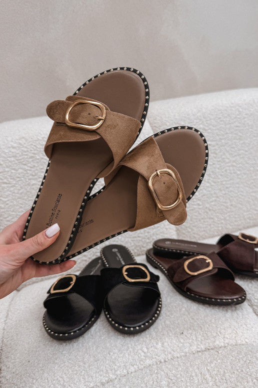 Pantoufles pour femmes avec des talons larges avec boucles dorées marron Selivelle