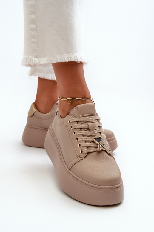 Dames Leer Sneakers model schoenen met platform beige Vinceza 66700